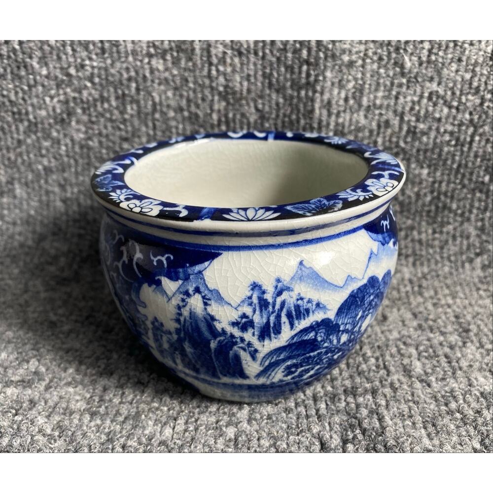 Vintage Mid Century Satsuma Fishbowl Planter, 4” x 3” Blue White Porcelain